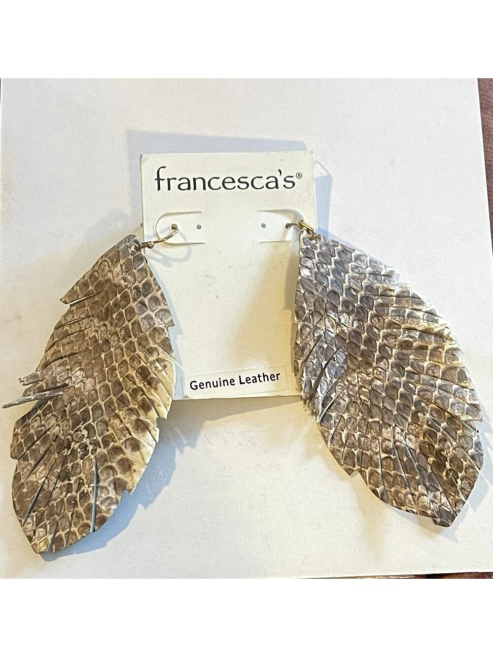 Francescas Leather Snakeskin Feather Earrings NWT